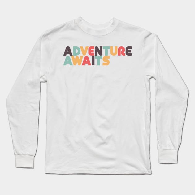 Adventure Awaits Retro Rainbow Typography Long Sleeve T-Shirt by lymancreativeco